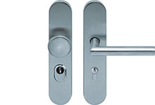 scoop sicherheit einbruchhemmend zylindrischer knopf und drücker schildgarnitur in edelstahl matt mit kernziehschutz